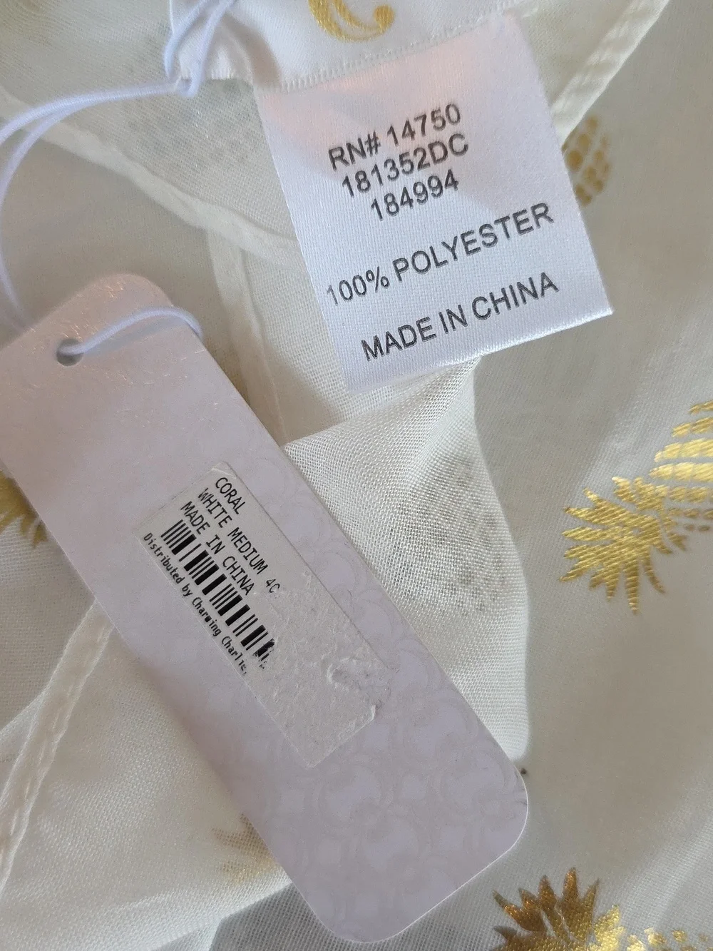 NWT Coral Elegant White Scarf with Gold Foil Pinapple‎ Sheer Rectangle Shawl